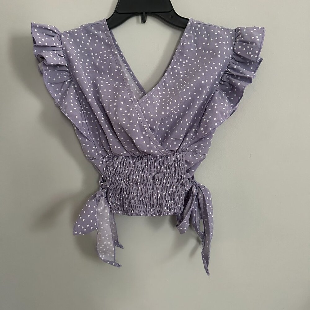 Shein Lavender Polka Dot Flutter Sleeve Top Size XS - Picture 4 of 5